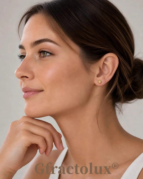 Close-up of a model wearing Straight Up Premium Flat Back Titanium Ball Earrings For Sensitive Ears Implant Grade 20G.
