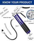 Heavy Duty Grease Gun Kit With 6000 PSI Power, 18 Inch Flexible Hose, 2 Fixed Tubes, 3 Nozzles, 14 Oz Load, Pro Grade