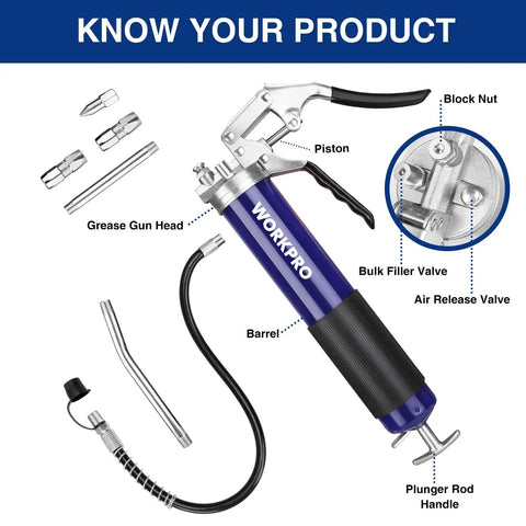 Heavy Duty Grease Gun Kit With 6000 PSI Power, 18 Inch Flexible Hose, 2 Fixed Tubes, 3 Nozzles, 14 Oz Load, Pro Grade