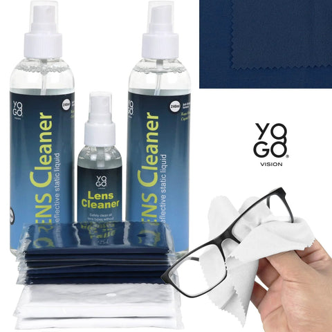 YoGo Vision lens cleaner spray set with 3 bottles and 10 microfiber cloths for eyeglasses and electronics