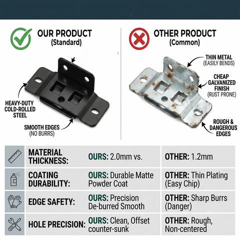 Comparison of Beefed-Up 20 Pack Quick Fitting Furniture Joint Brackets with competitor showing material, durability, and edge safety differences
