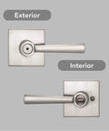 Spyglass Interior Privacy Door Handle Lever For Bedroom And Bathroom With Keyless Lock And Microban Protection, Reversible Satin Nickel Finish, Easy DIY Install On Standard Doors, Locks From Inside With Emergency Unlock From Outside, showing exterior and interior views.