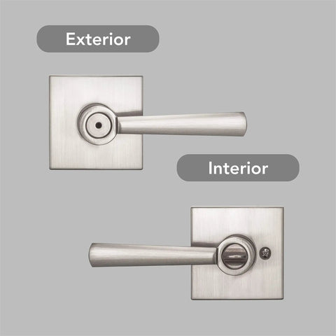Spyglass Interior Privacy Door Handle Lever For Bedroom And Bathroom With Keyless Lock And Microban Protection, Reversible Satin Nickel Finish, Easy DIY Install On Standard Doors, Locks From Inside With Emergency Unlock From Outside, showing exterior and interior views.