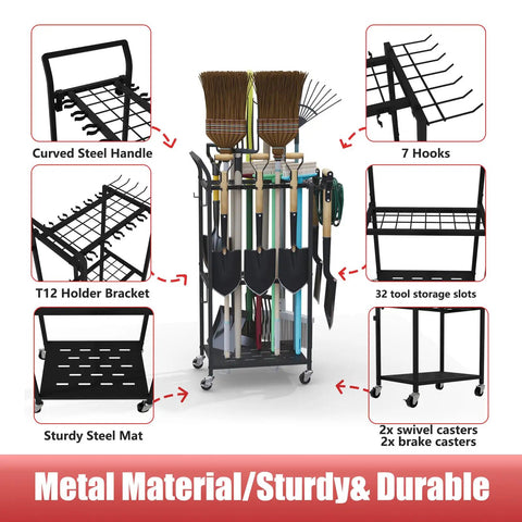 Heavy Duty Rolling Garden Tool Organizer On Wheels With 14 Hooks And 5 Slots, 3 Tier Metal Cart Holds Rakes Shovels Brooms