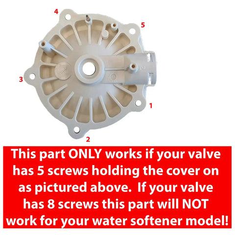 Water Softener Repair Kit With Four Clips 7116713 And Four O Rings 7170288 Plus Silicone Lubricant for DIYers showing 5-screw valve cover.