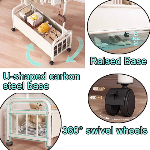 Industrial Metal Clothing Rack On Wheels Freestanding Garment Organizer showing U-shaped base and swivel wheels details.