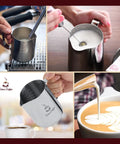 Collage of a Stainless Steel Milk Frothing Pitcher 12oz 350ml With Dual Inside Measurement Scales For Precise Pouring And Latte Art Espresso Cappuccino Coffee Steaming Jug Plus Ebook Included