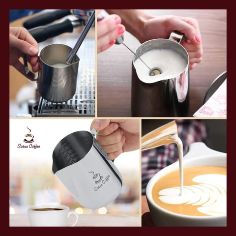 Collage of a Stainless Steel Milk Frothing Pitcher 12oz 350ml With Dual Inside Measurement Scales For Precise Pouring And Latte Art Espresso Cappuccino Coffee Steaming Jug Plus Ebook Included