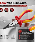 Insulated Needle Nose Pliers, 6 Inch, 1000V VDE Certified, Cr V Steel, Long Narrow Jaws For Tight Spaces, Reaches Into Electrical Boxes And Dense Panels, Pro Grade Tool For Electricians And Wiring Bundles, red and yellow handles