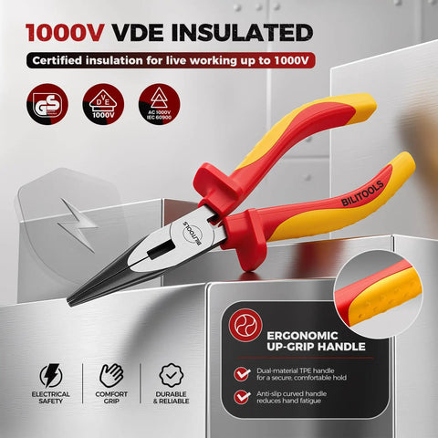 Insulated Needle Nose Pliers, 6 Inch, 1000V VDE Certified, Cr V Steel, Long Narrow Jaws For Tight Spaces, Reaches Into Electrical Boxes And Dense Panels, Pro Grade Tool For Electricians And Wiring Bundles, red and yellow handles