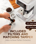 Smash Your Daily Grind With This Straight Up Smooth All In One Espresso And Cappuccino Coffee Maker with included filters and tamper.