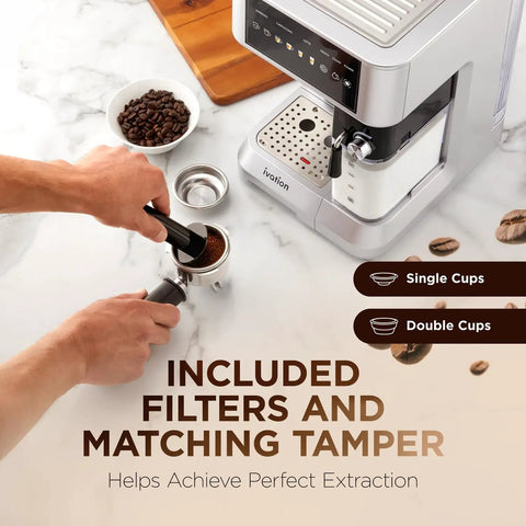 Smash Your Daily Grind With This Straight Up Smooth All In One Espresso And Cappuccino Coffee Maker with included filters and tamper.