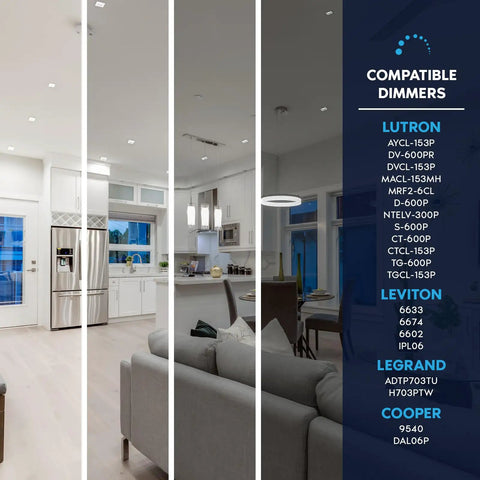 Twelve Pack Four Inch Square LED Recessed Lights Built Tough With J Box Adjustable CCT 2700K To 5000K in modern kitchen setting.