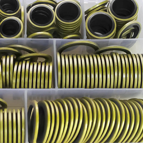 378 Piece NBR Metal Bonded Sealing Washer Kit With 12 Sizes M6 Through M30 for automotive repairs, shown in organized sections.
