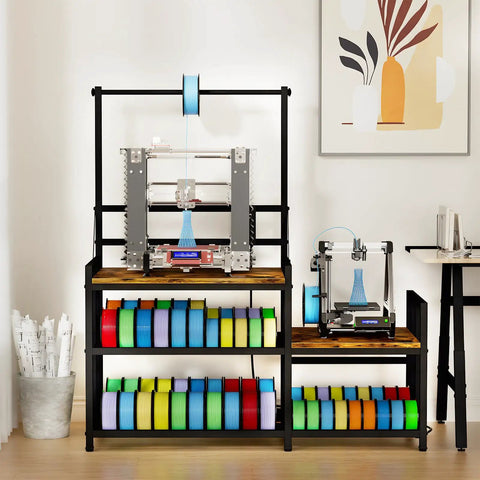 Heavy Duty 3D Printer Desk With Knockout Filament Storage Rack And Plug And Play Power Outlet, Dual Print Station For Abs Pla Tpu Spools, Boss Level Organization For Streamlined Workflows, Sturdy Wood Cabinet Setup In Classic Retro Brown