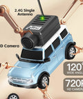 WLtoys 1 To 64 Scale Mini RC Car With 720P HD FPV Camera, Blue, featuring 2.4G antenna and gyro stabilization, front view with specifications.