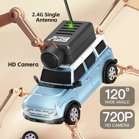 WLtoys 1 To 64 Scale Mini RC Car With 720P HD FPV Camera, Blue, featuring 2.4G antenna and gyro stabilization, front view with specifications.