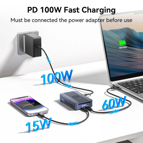 Game Changer Dual Bay Nvme Ssd Enclosure Dock With 40gbps Thunderbolt 4 Usb C Ports Built In Cooling Fan HDMI Output 100W PD Charging Software RAID For Macbook And Windows Workstations connected with 100W power adapter and fast charging phone.