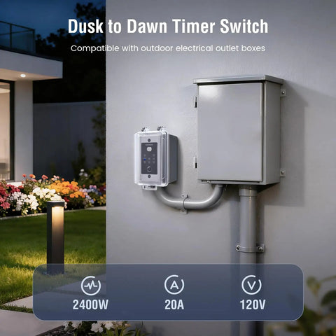 Smart Heavy Duty Hardwired Dusk To Dawn Photocell Switch With Hella Robust 20 Amp Rating Designed For Outdoor Floodlight Control And Landscape Transformers on wall with electrical box.
