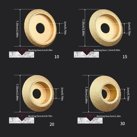 Four Pro-Grade Diamond Grinding Wheel For Marble And Granite, 20mm Bore, Bevel Edge V-Notch Profile, various sizes.