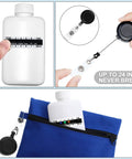 14 Piece Portable Liquid Specimen Storage Kit With 2 Empty Bottles, Temperature Indicator Strips, 10 Adhesive Labels, And A Lightweight Pouch For Safe Lab Sample Transport. White bottle with temp strip and blue pouch
