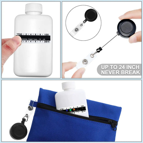 14 Piece Portable Liquid Specimen Storage Kit With 2 Empty Bottles, Temperature Indicator Strips, 10 Adhesive Labels, And A Lightweight Pouch For Safe Lab Sample Transport. White bottle with temp strip and blue pouch