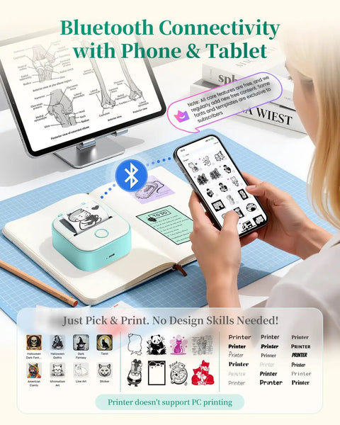 Display of Compact T02 Mini Sticker Printer With Bluetooth Label Maker Inkless Thermal Printer for easy mobile printing.