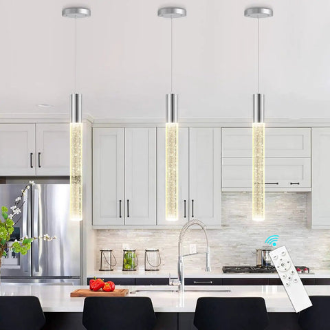 Three Pack Pendant Lights For Kitchen Island Modern Dimmable LED Hanging Lights Silver Finish Remote Control Dimmer