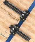 Beefy Aluminum Thin Rip Jig For Table Saw Guide With T Track Slider And Dual Scale, Pro Grade Narrow Rip Tool, top view on wood surface