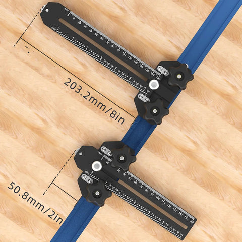 Beefy Aluminum Thin Rip Jig For Table Saw Guide With T Track Slider And Dual Scale, Pro Grade Narrow Rip Tool, top view on wood surface