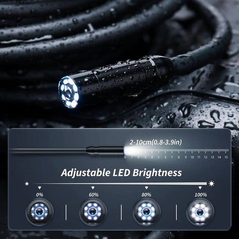Close-up of an Endoscope Camera With Light For Inspections And Tight Spots Pro Grade Tool with adjustable LED lights and waterproof design.