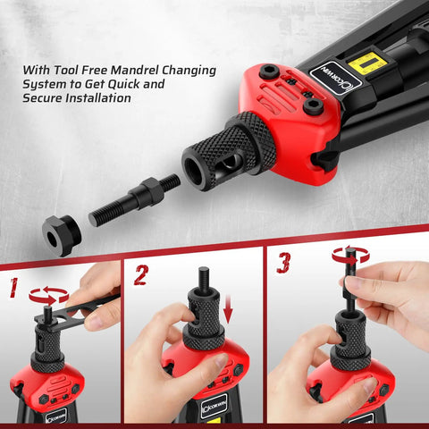 Steps for tool-free mandrel change on Rivet Nut Gun With 16 Inch Stroke Adjustment and Pro Grade 19 Mandrels M3 to M12