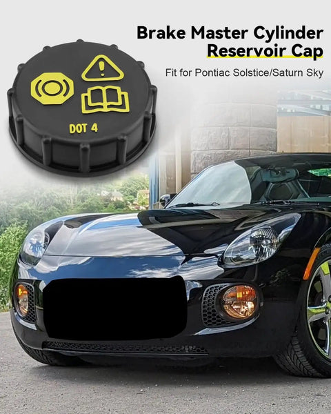 Pontiac Brake Master Cylinder Tank Reservoir Cap For Solstice And Saturn Sky 2007 2008 2009 2010 Replacement 15271573 With Tight Seal Dust Moisture Guard Easy Fit displayed in front of car