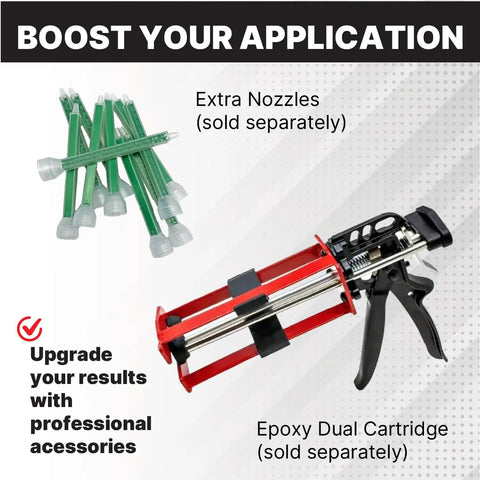 Epoxy dual cartridge and extra nozzles for all purpose panel adhesive for metal and fiberglass two part epoxy.