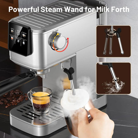 Heavy Duty Espresso Maker With Touchscreen Hot And Iced Coffee Brewer Stainless Steel Milk Frother showcasing steam wand in action.