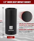 Half Inch Drive Deep Impact Socket in CRMO Steel with Radius Corner Design and Six Point Opening, black finish, 82mm height