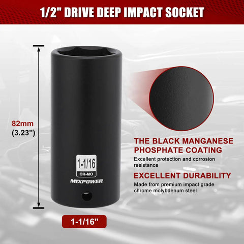 Half Inch Drive Deep Impact Socket in CRMO Steel with Radius Corner Design and Six Point Opening, black finish, 82mm height