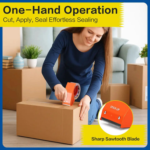 Person using Two Pack Heavy Duty Packing Tape With Dispensers 1.88 Inch Wide By 65 Yards Each 130 Yards Total Clear Packing Tape on a cardboard box