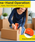 Person using Heavy Duty Packing Tape With Dispenser One Roll 1.88 Inch Wide By 65 Yards Clear Tape for sealing a box