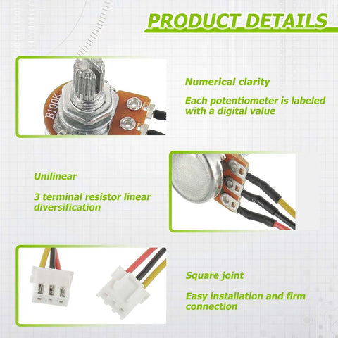 Product details of 100K Ohm Linear Taper Rotary Potentiometer WH148 with labeled shaft and XH 2.54mm 3 pin connector wire cable