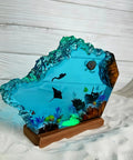 Multicolor Epoxy Resin Wood Lamp In Wave Shape, handmade night light, ocean theme, diver and sea creatures, home office decor