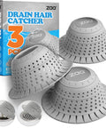 Silicone Collapsible Bathtub Drain Hair Catcher And Protector for popup and regular drains, product box, 3 gray pieces.
