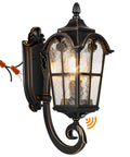 Dusk To Dawn Outdoor Wall Lantern With Water Glass And Gold Trim Vintage Rustic Exterior Light Fixture, black finish
