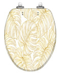 Elongated Vintage luxury seamless floral golden monstera leaves Toilet Seat with detailed leaf pattern on resin surface.