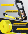 Heavy Duty Car Tie Down Straps For Trailers 4 Pack 2 Inch By 10 Feet With 10,000 Lb Break Strength And Four Ratchets With Snap Hooks Plus 2 Axle Straps Ultra Secure Wheel Straps For A Rock Solid Haul showing yellow polyester strap and detailed ratchet mechanism.