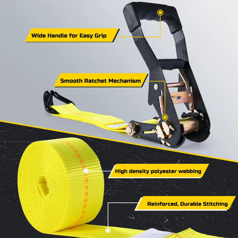 Heavy Duty Car Tie Down Straps For Trailers 4 Pack 2 Inch By 10 Feet With 10,000 Lb Break Strength And Four Ratchets With Snap Hooks Plus 2 Axle Straps Ultra Secure Wheel Straps For A Rock Solid Haul showing yellow polyester strap and detailed ratchet mechanism.