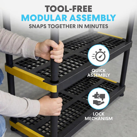 Tool-free assembly of Four Tier Heavy Duty Plastic Storage Shelving Unit With 24 Inch Deep Bins For Garage And Basement Setup.