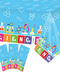 Set Of 3 Lit Science Tablecloths For Kids Party Lab Theme Decorations With Colorful Test Tubes Microscope And Molecule Graphics 108 By 51 Inch Table Covers showing blue surface with science graphics.