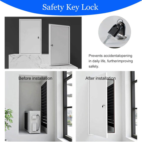 Heavy Duty Metal Drywall Access Panel With Lock And Key Soundproof Plumbing Inspection Hatch For Attic Ceiling showing safety key lock and installation steps.