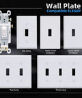 Wall plates compatible with Three Way Toggle Light Switch 15 Amp 120 Volt In Wall Quiet Framed Glossy White UL Listed. One, two, and three gang options shown.